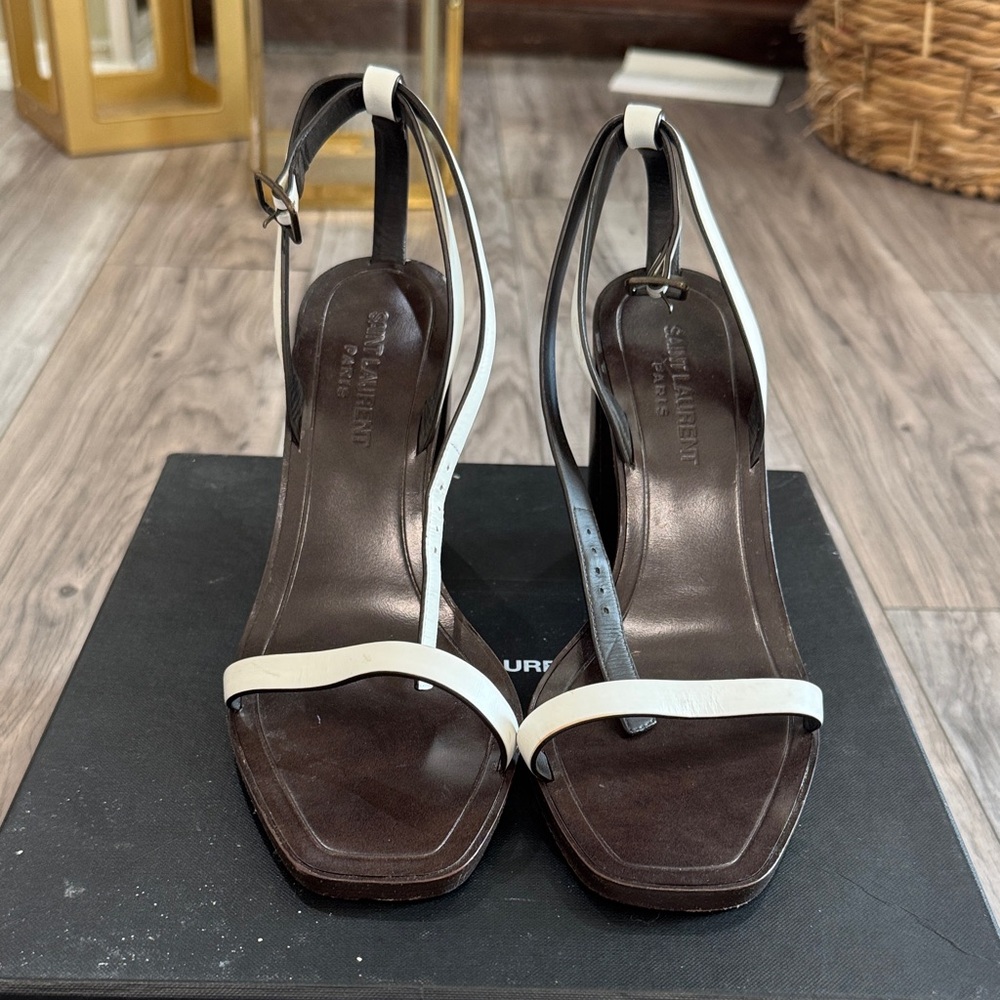✨ Saint Laurent Dark Brown & White Strappy Heels ✨